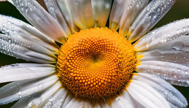 close up photography of a chamomile flower with dew drops on white petals and vibrant yellow center