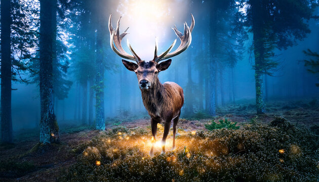 majestic fantasy deer with glowing antlers enchanted forest digital art mystical atmosphere low angle nature s wonder - Powered by Adobe