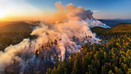 Fototapeta premium aerial view of raging wildfire during golden hour showcasing thick smoke and burning forest in sunset light highlighting environmental impact and urgency of forest preservation