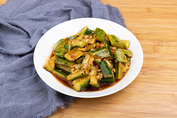 The cold cucumber salad on the plate