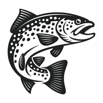 Dynamic trout fish illustration in black and white, detailed scales and fins, ideal for fishing logos, wildlife emblems, and outdoor branding