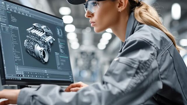 mechanical engineer female designs a 3D engine on her personal computer	