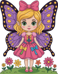 Cute butterfly girl cartoon, colorful wings, pink dress with bows, fantasy character, magical child illustration, spring flowers, kids artwork