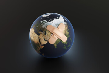Brown plasters forming a cross shape stuck on the planet earth on a black background. Illustration of the concept of environmental damage, pollution and over exploitation of natural resources