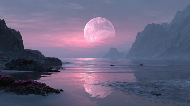 A pink moon hangs low over a still ocean between rocky shores and distant mountains. Use for backgrounds, fantasy, and dreamy compositions.