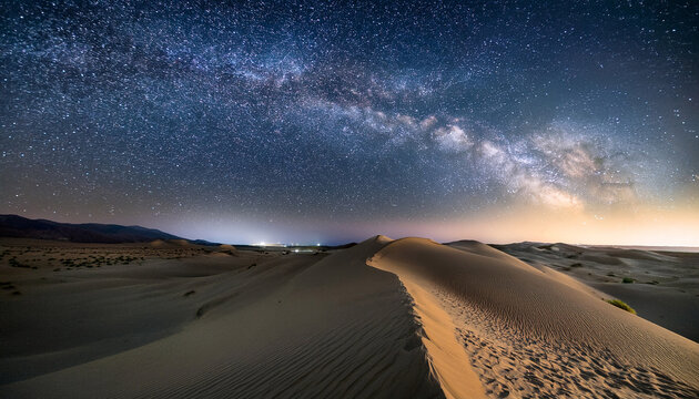 a breathtaking view of the milky way arches over serene desert dunes with starry sky highlights offering a tranquil and awe inspiring celestial nighttime scene