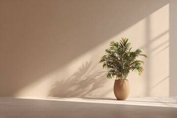 Minimalist room decor beige wall potted plant sunlight shadow