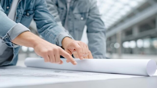 Close up of hands engineer and architect team look down and point and discussed about construction and architectural drawings works no helmet on table	
