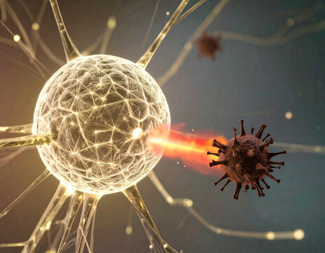 Immune System Response: Microscopic 3D Render of a T-Cell Attacking and Destroying a Virus