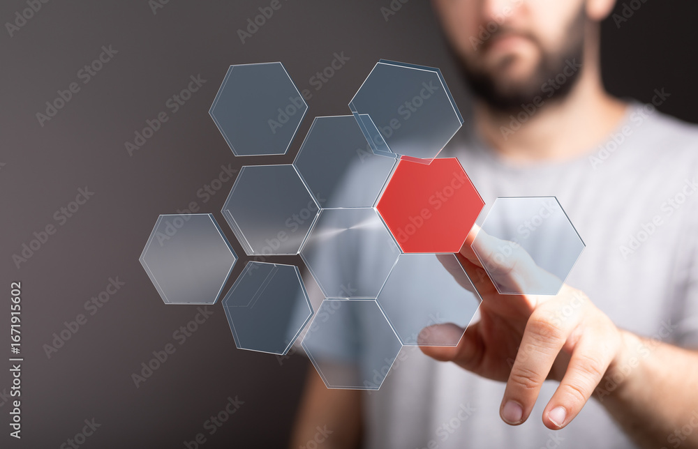 Aufkleber abstract image of a person interacting with a digital hexagon network. concept of technology, connec