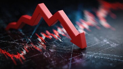 A red arrow plunges downward over a dark financial chart, symbolizing market decline