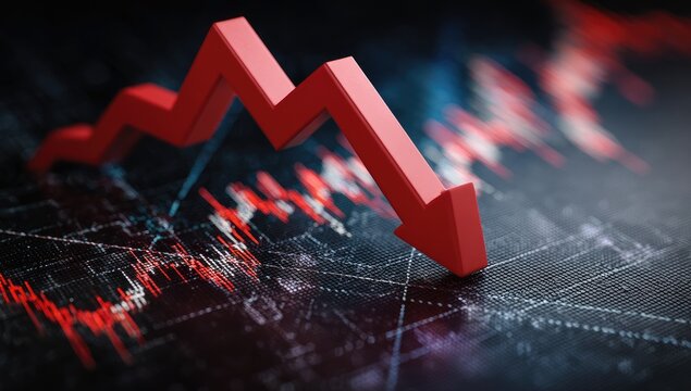 A red arrow plunges downward over a dark financial chart, symbolizing market decline - Powered by Adobe
