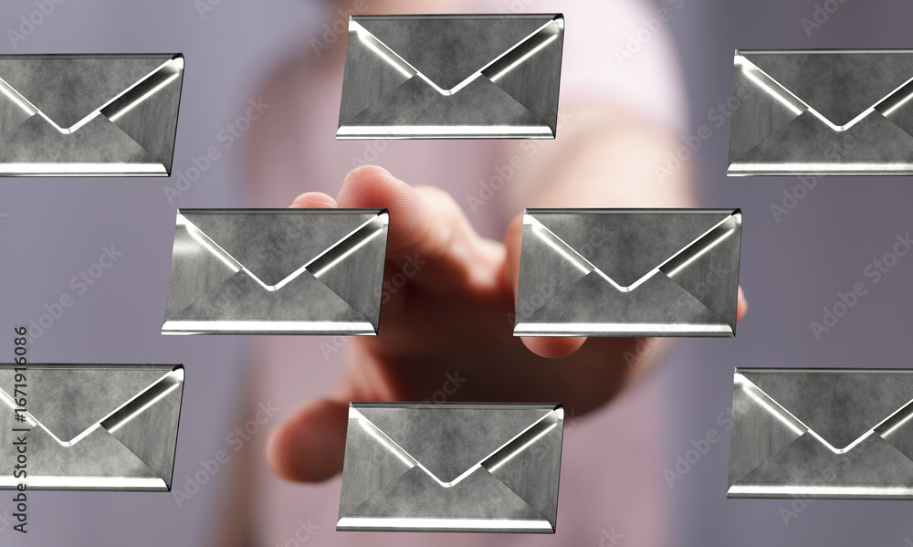 Poster metallic email icons hover above a hand, symbolizing digital communication and inbox management.