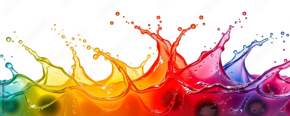 Poster a vibrant and colorful splash of liquid. this image showcases a spectrum of colors, with each splash