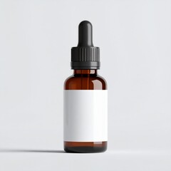 Fototapeta premium Amber Glass Bottle with Black Dropper and White Label on a Neutral Background