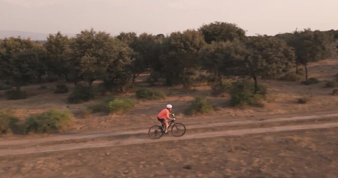 Drone Slow Motion of Mountain Bike Rider Cycling in Nature Adventure