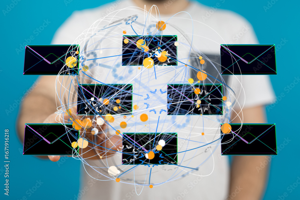 Poster visual representation of worldwide email communication, showcasing interconnectedness and data flow.