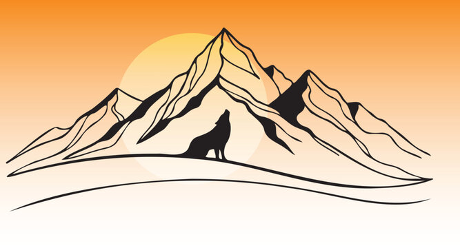 Stylized wolf silhouette howling at mountain peaks under vibrant orange sunset gradient vector illustration