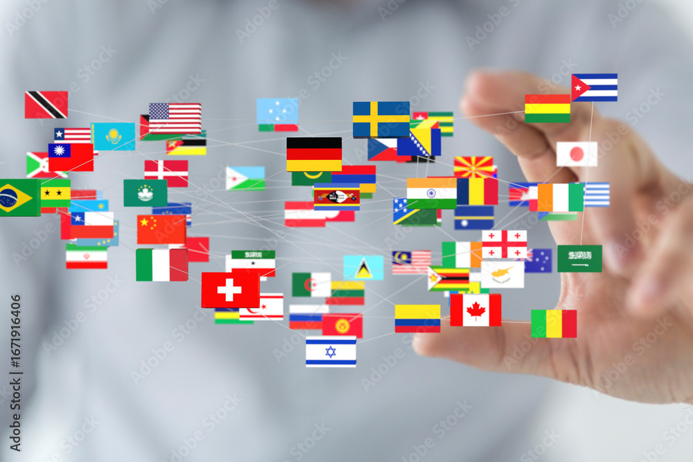 Aufkleber image of interconnected flags representing global collaboration and networking.