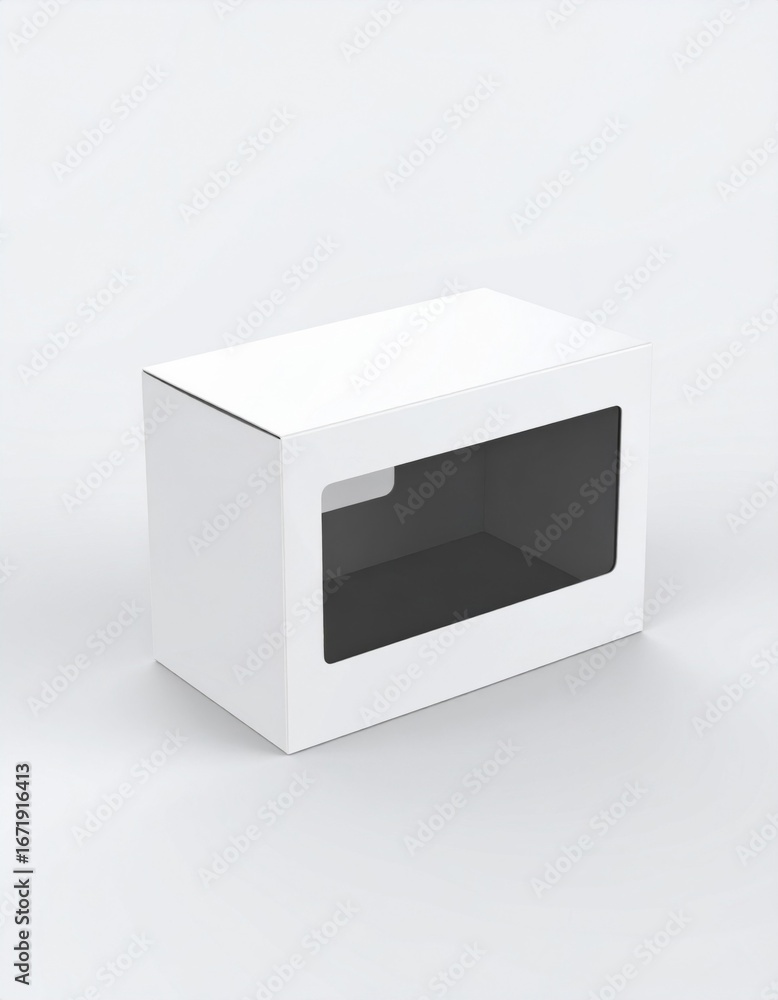 Poster single rectangular white cardboard box package with window against white background