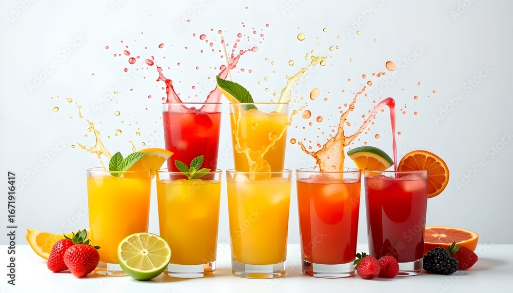 Poster refreshing array of juices, vibrant colors of juice being splashed from glass