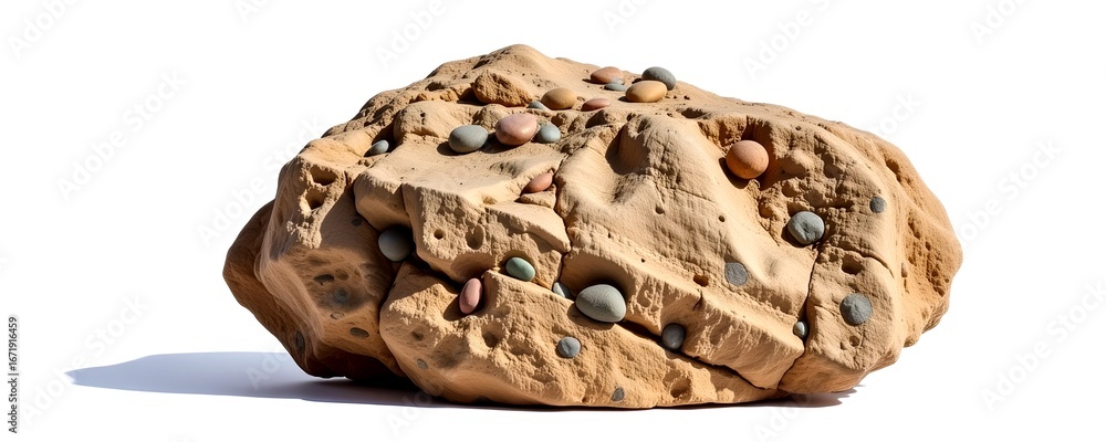 Poster a detailed image of a unique stone with an uneven surface texture and various colorful pebbles embed