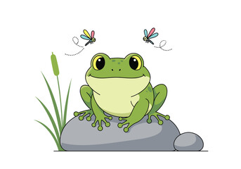 Cute green frog sitting on a rock with dragonflies flying around it