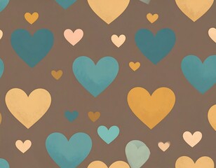 Seamless pattern of various sized hearts in muted teal, peach, and gold tones on a brown background
