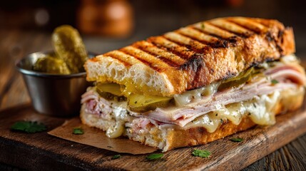 Grilled Cubano sandwich on wooden board, with pickles on side. Great for blogs or restaurants promoting Cuban cuisine and tasty lunch.