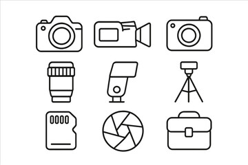 Camera equipment outline icon set. Photography and video gear symbols collection. Vector line art of dslr, lens, flash, tripod, memory card, aperture, bag, and camcorder.