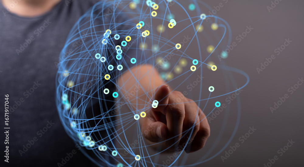 Poster person interacts with a digital global network, representing connection and data flow.