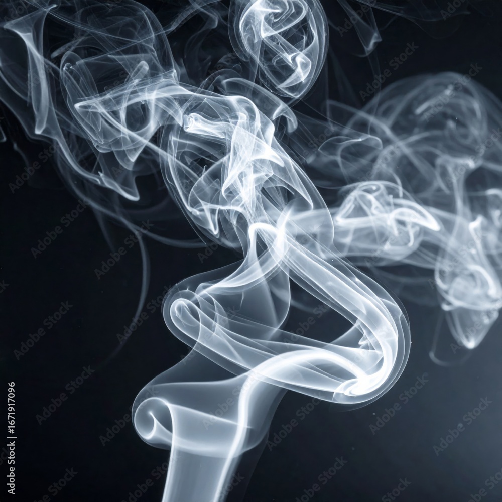 Poster ethereal white smoke flowing on a dark background creating abstract shapes and motion