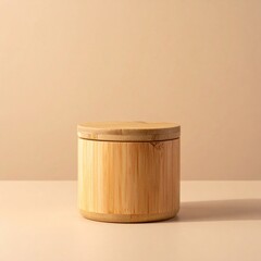Wooden Bamboo Jar with Lid on a Neutral Beige Background in Studio Lighting