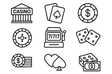 Casino gambling line icon set. Vector outline icons for vegas, betting, slot machine, poker, cards, chips, roulette, dice, and jackpot. Game and entertainment concept graphic.