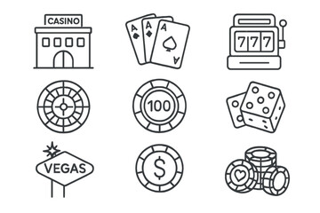 Casino and gambling line icon set. Vector outline illustration of slot machine, poker cards, roulette, dice, and chips. Las Vegas entertainment, betting, and money concept.