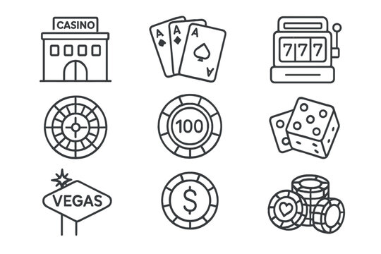 Casino and gambling line icon set. Vector outline illustration of slot machine, poker cards, roulette, dice, and chips. Las Vegas entertainment, betting, and money concept.