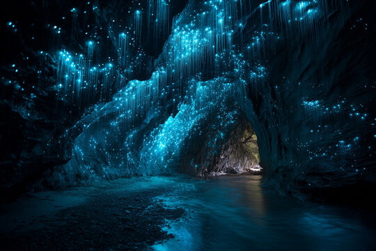 Magical glowworm cave river scene blue lights nature wonder
