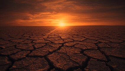 Dramatic sunset over cracked earth in a parched desert land
