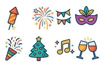 Festive celebration icon set. Vector symbols for party, holidays, New Year, Christmas, carnival. Flat design elements like firework, popper, mask, tree, music, and toast.