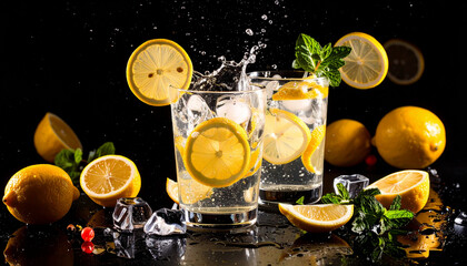 A vibrant splash of lemonade and floating lemons placed on a simple black background