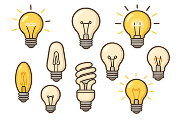 Vector light bulb icon set. Idea, solution, innovation, and creativity concept. Collection of various electric lamps, glowing and turned off. Cartoon flat illustration.