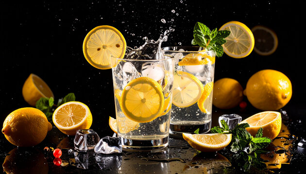 A vibrant splash of lemonade and floating lemons placed on a simple black background