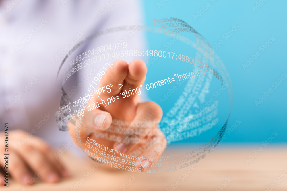 Aufkleber close-up of a hand interacting with a digital sphere showing data and code. concept of technology an