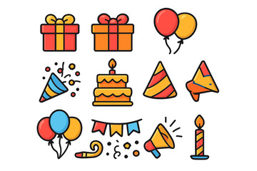Party icon set for celebration and events. Festive collection of flat design symbols: gift box, birthday cake, balloons, confetti popper. Vector cartoon illustration.