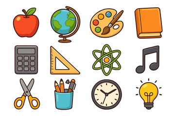 Education icons set for school subjects. Vector collection of learning symbols: science, art, math, music, geography. Back to school cartoon clipart for graphic design.