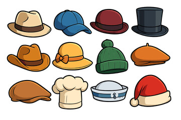 Set of various hat icons. Vector cartoon illustration of diverse headwear. Collection includes fedora, top hat, cowboy, beanie, beret, baseball cap, chef, sailor, Santa.