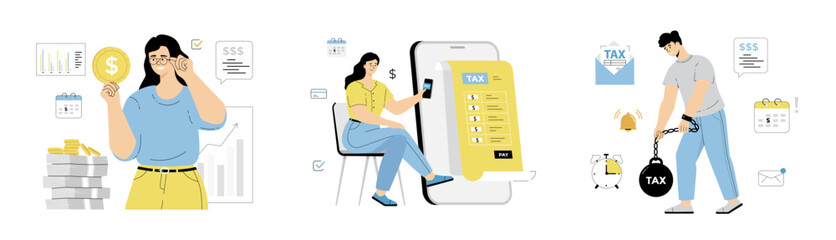 Tax online payment. Financial management, tax preparation services. High personal income tax rates. Flat vector illustration isolated on white background.