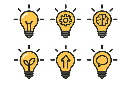 Creative idea light bulb icon set. Vector concepts for innovation, thinking, solution, growth, progress, and communication. Brain, gear, and plant symbols.