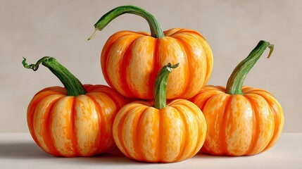 Obraz premium Pile of orange and white pumpkins. The pumpkins are arranged in a pyramid shape. Concept of abundance and warmth, as pumpkins are often associated with the fall season and harvest time