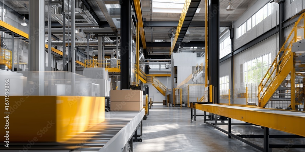 Poster modern warehouse interior with automated systems and efficient logistics in action during daylight h